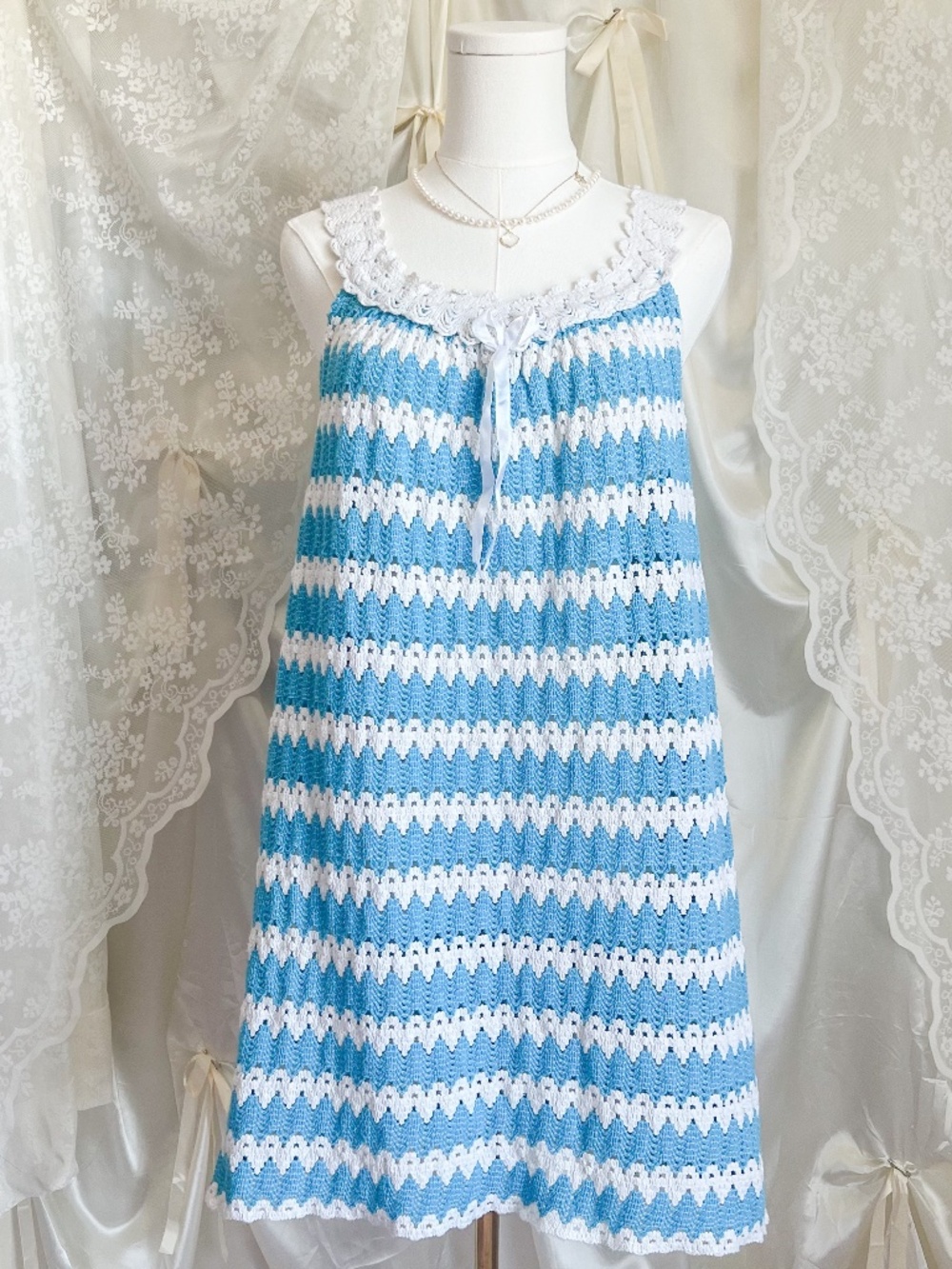 Handmade Blue White Crochet Coastal Cottagecore Beach Cover Festival Mini Dress